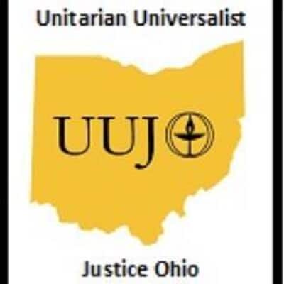 An orange impression of the state of Ohio frames the letters UUJO (the O in the shape of the double circle flaming chalice).