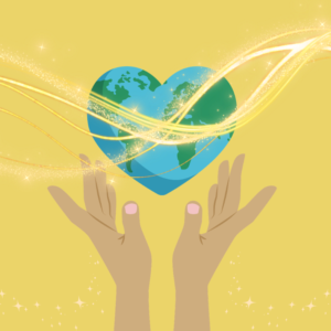 Hands cup a heart shaped world. Small sparkles travel up the hands into the heart and transform into radiant energy.