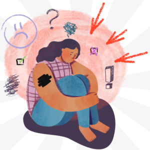 A fem presenting person sits in a swirling vortex of their own anxiety.