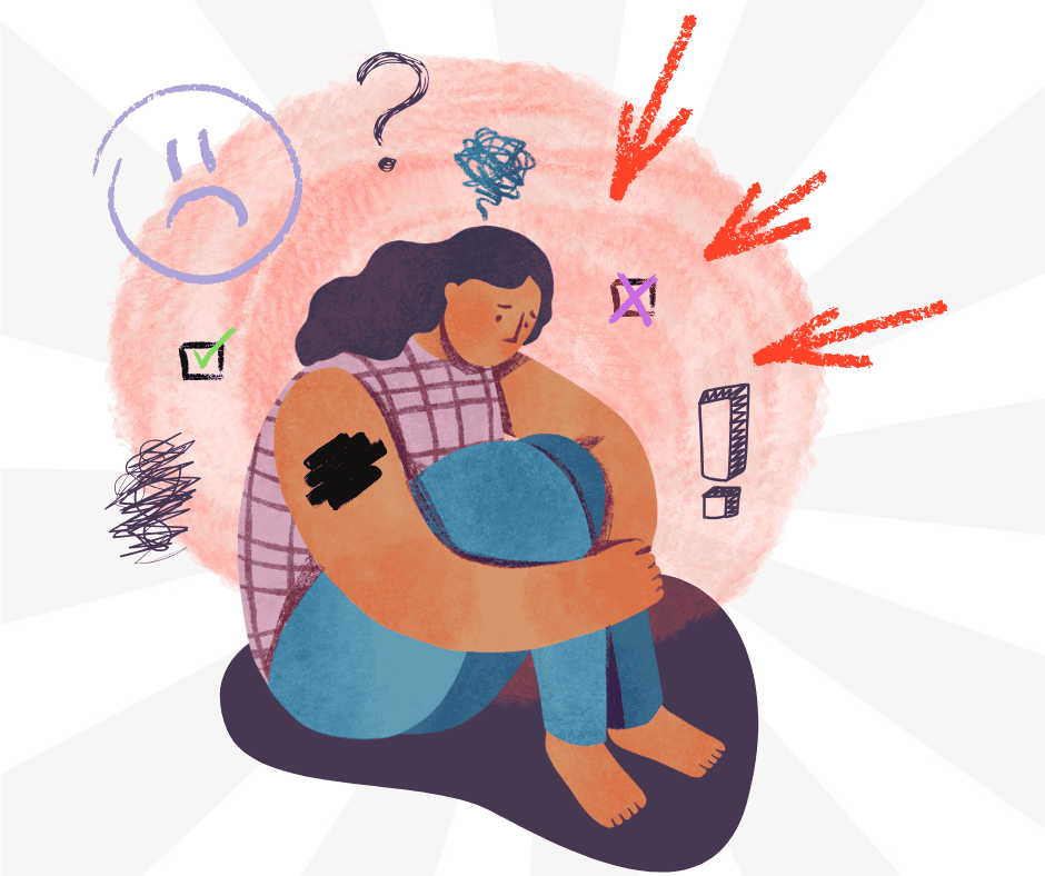 A fem presenting person sits in a swirling vortex of their own anxiety.