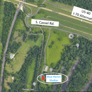 A satellite map of how to get to Blue Heron Shelter.