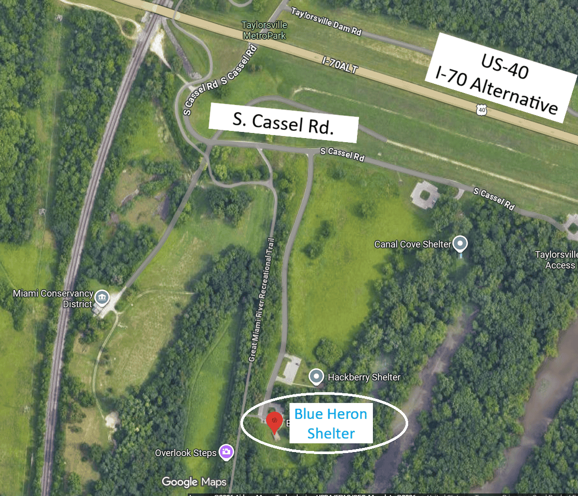 A satellite map of how to get to Blue Heron Shelter.