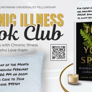 A flier for the Chronic Illness Book Club. It contains all the information included in the announcement, against a background of relaxation.