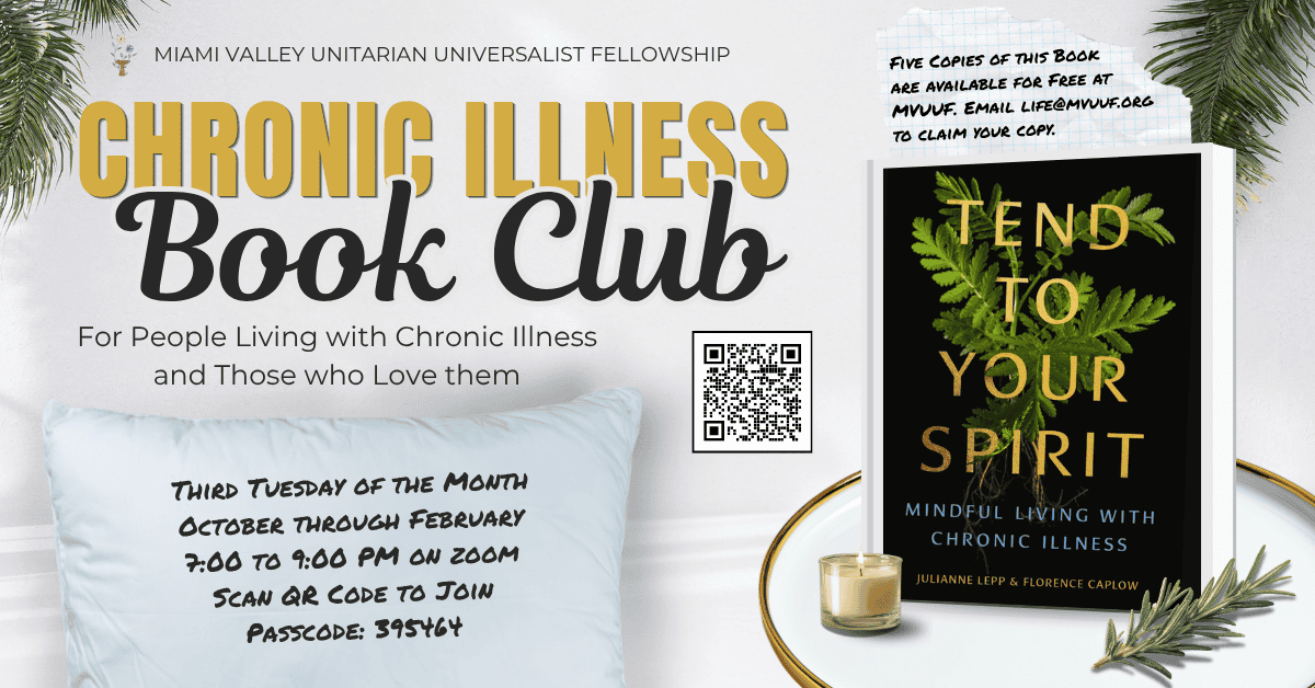 A flier for the Chronic Illness Book Club. It contains all the information included in the announcement, against a background of relaxation.