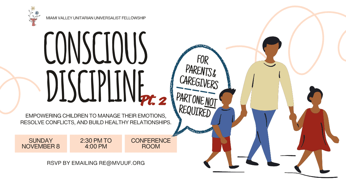 A flier for Conscious Discipline Pt. 2. It features a faceless family, with a androgynous adult and two children.