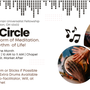 Pictures of hand drums and soundwave graphics accompany information about MVUUF's Drum Circle.