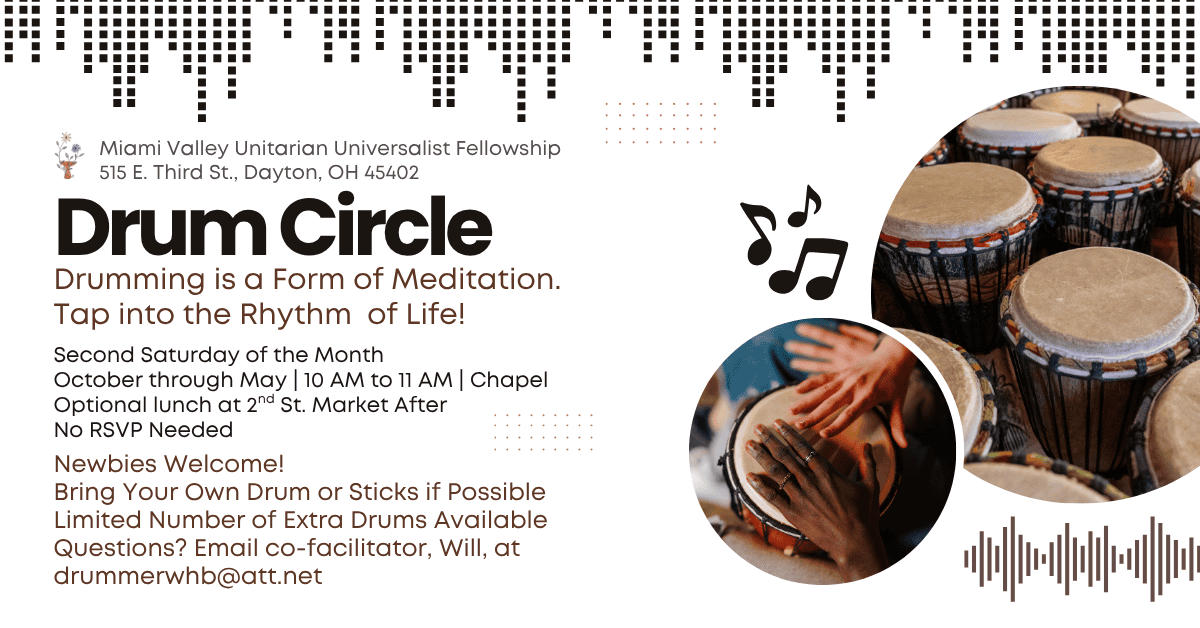 Pictures of hand drums and soundwave graphics accompany information about MVUUF's Drum Circle.