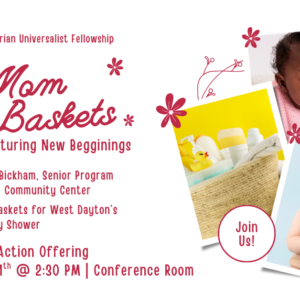A flier for New Mom Baby Baskets. It features photos of baby supplies and babies of different skin color.