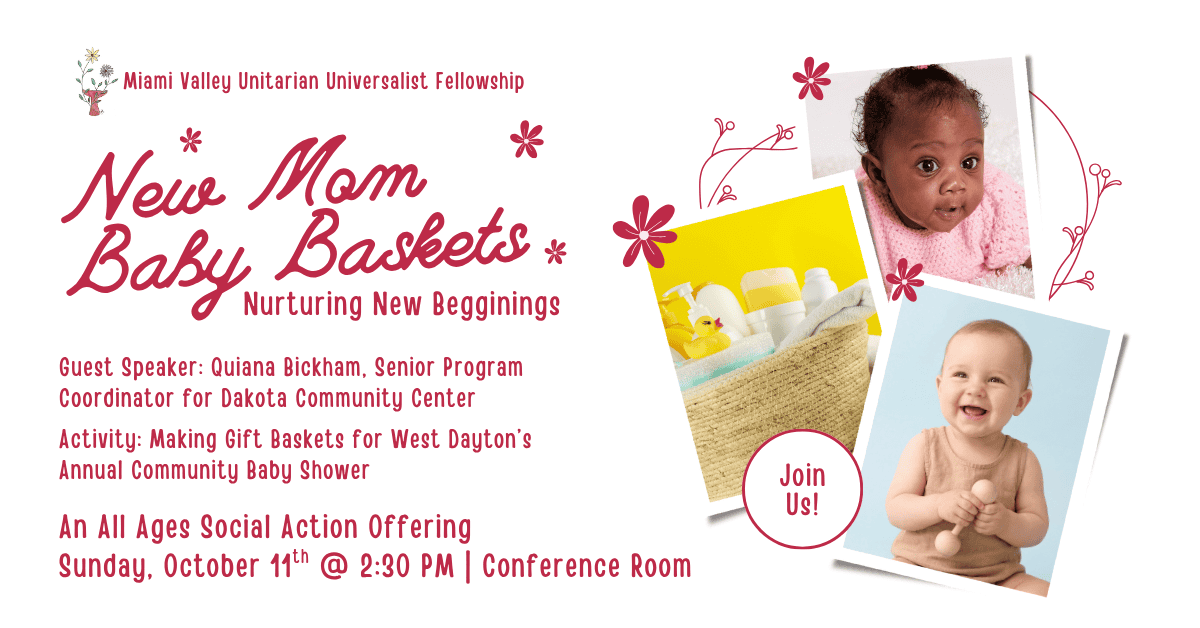 A flier for New Mom Baby Baskets. It features photos of baby supplies and babies of different skin color.