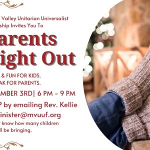 A flier for Parents' Night Out. It shows a set of socked feet, lounging on a coffee table in front of a cozy scene.