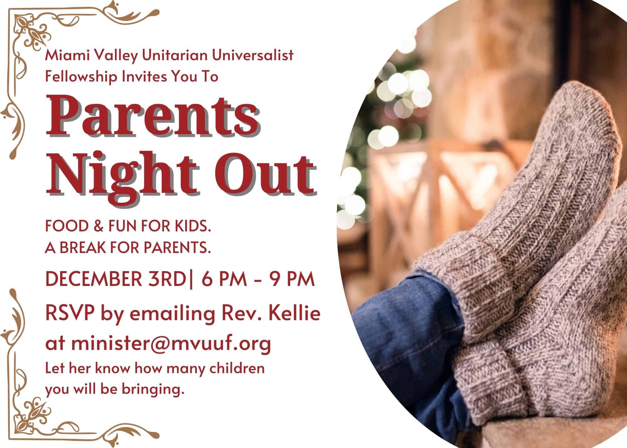 A flier for Parents' Night Out. It shows a set of socked feet, lounging on a coffee table in front of a cozy scene.