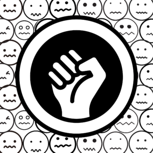 A black and white fist stands out in a circle, against a backdrop of fear emojis.