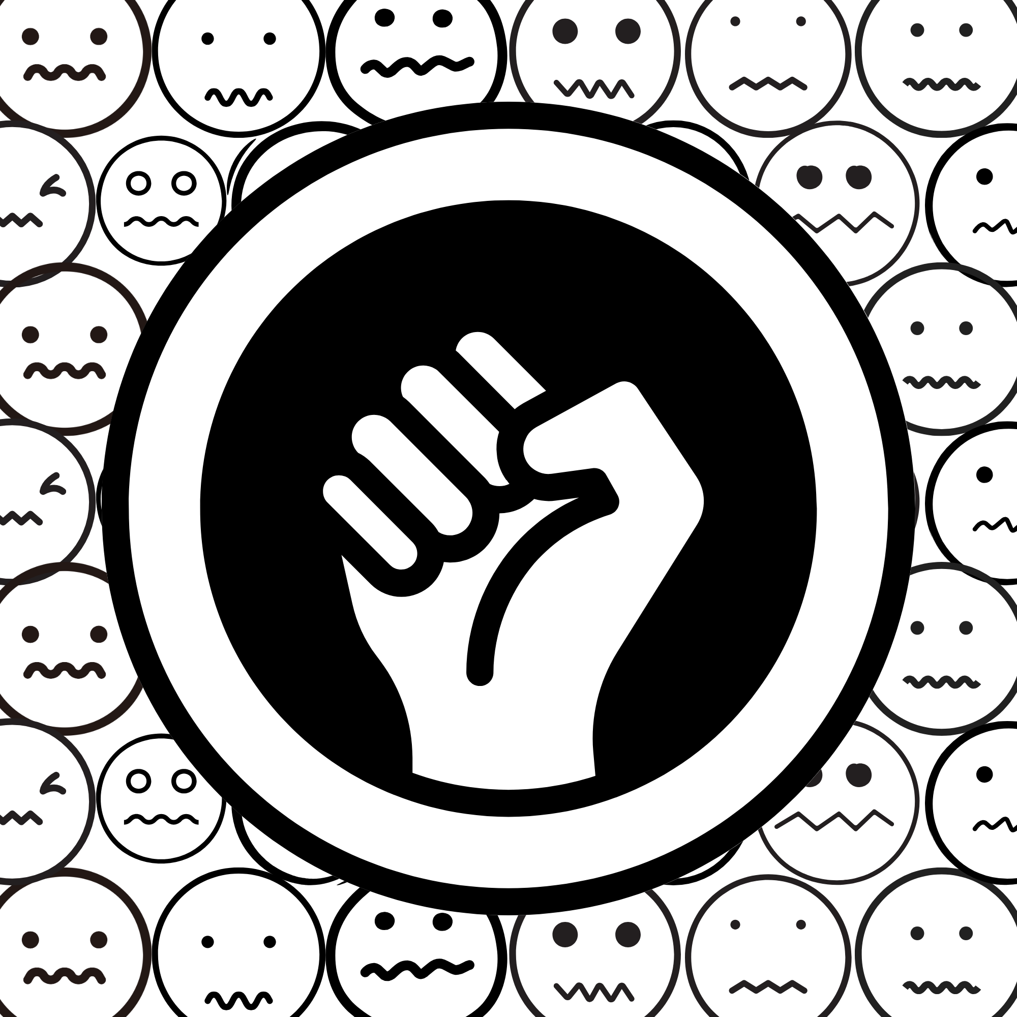 A black and white fist stands out in a circle, against a backdrop of fear emojis.