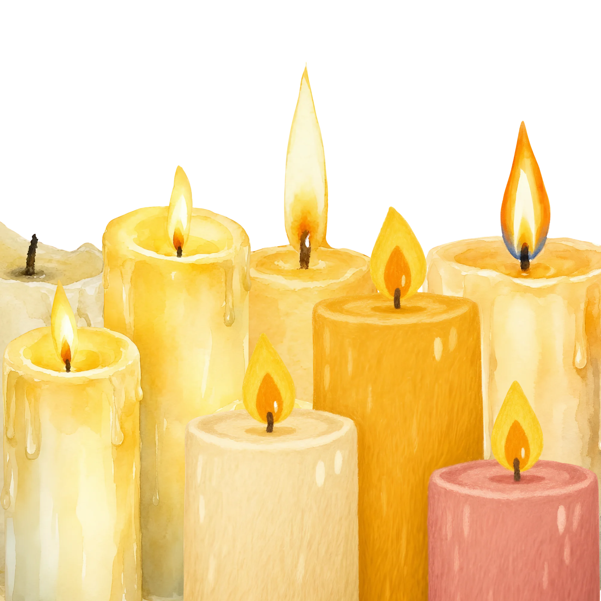 A drawing of candles burning in a cluster.