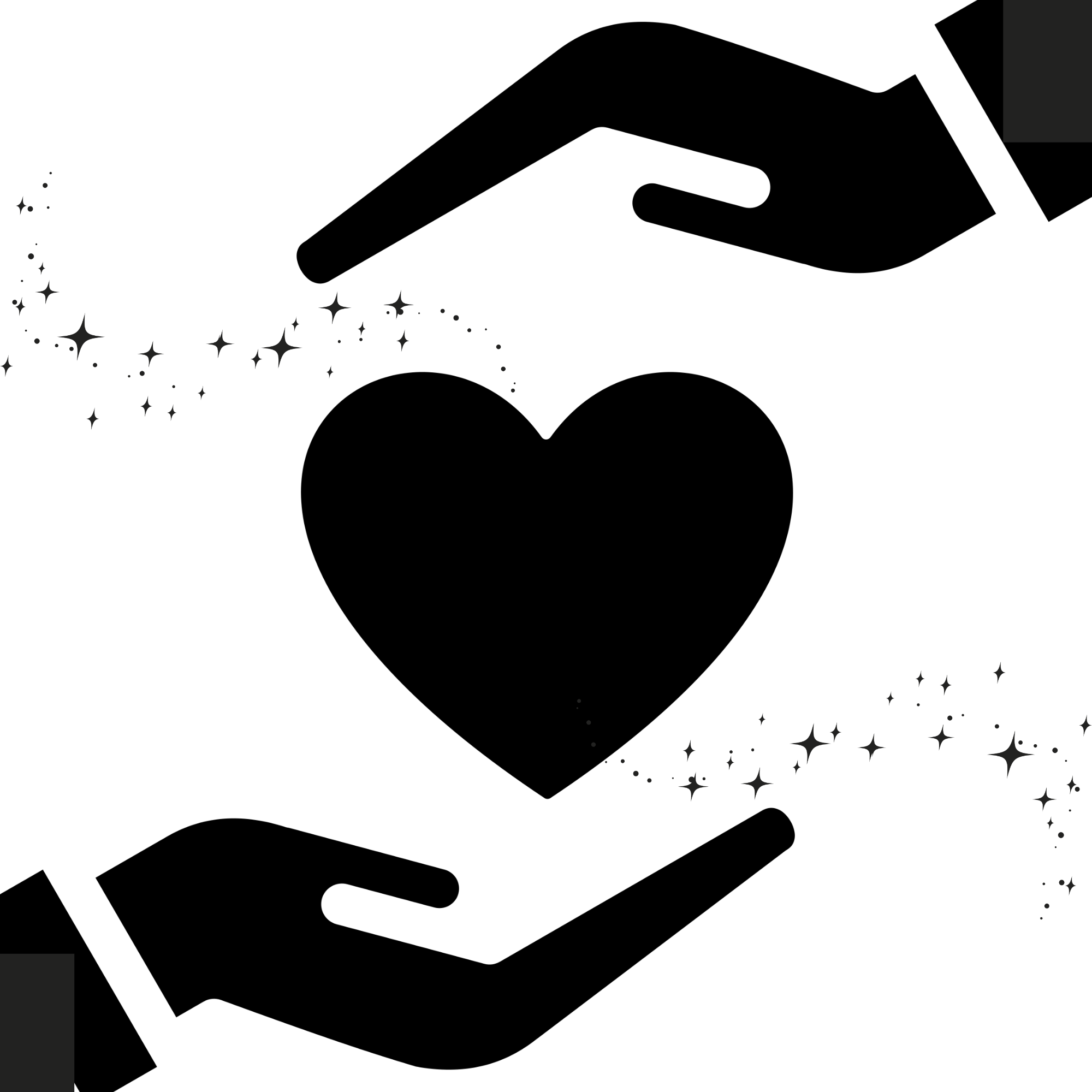 The silhouette of two hands frame a heart that is producing sparkles.