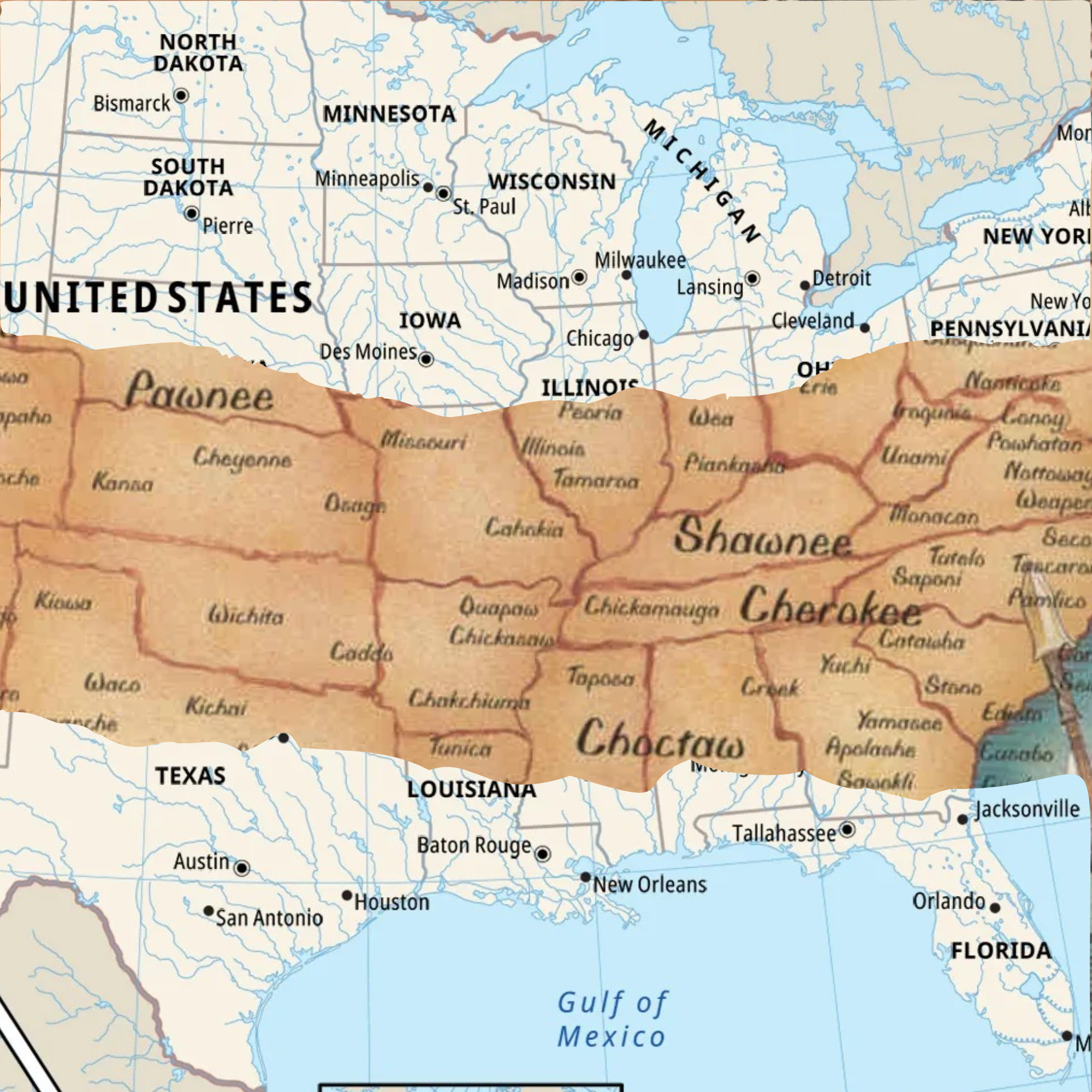 A map of the Midwest section of the United states is torn to reveal the names of Native American nations that used to reside on this land.