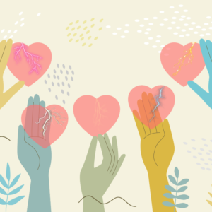 Multicolored hands hold hearts that are all broken by multicolored lightening.