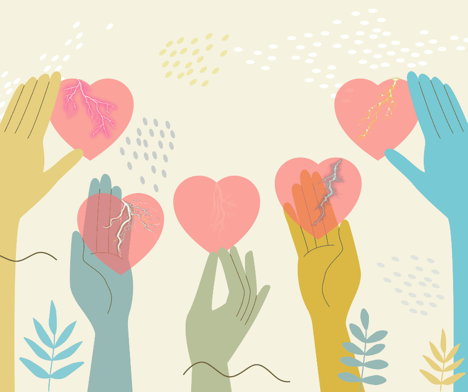 Multicolored hands hold hearts that are all broken by multicolored lightening.