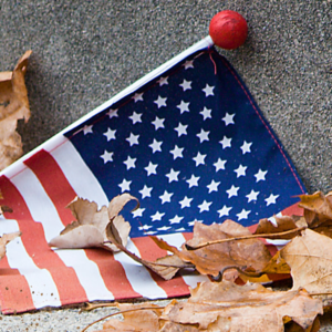 A dirty American Flag rests on the ground surrounded by leaves.