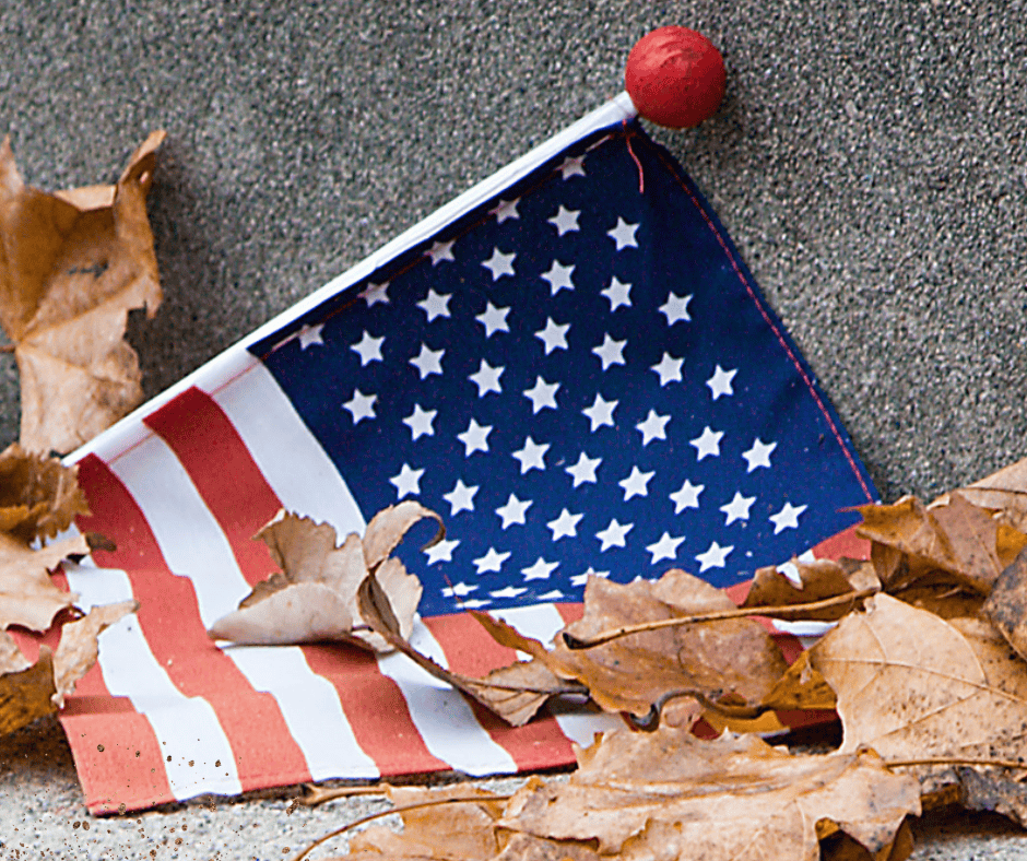 A dirty American Flag rests on the ground surrounded by leaves.