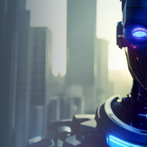An scary looking robot stares at the audience against a backdrop of a decaying city.
