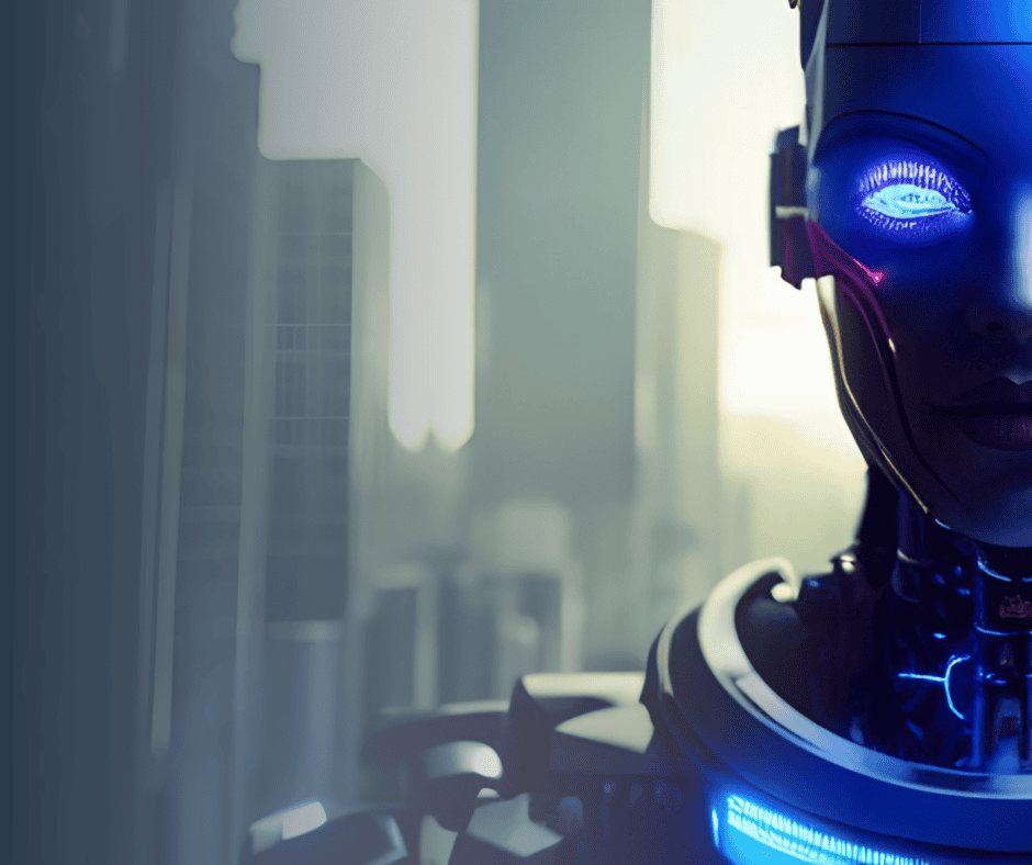 An scary looking robot stares at the audience against a backdrop of a decaying city.