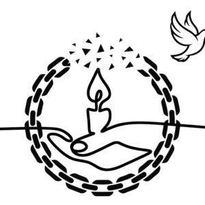 Line drawing of a hand holding a candle sits inside a chain. The candle flame seems to have broken the chain and let free a dove.
