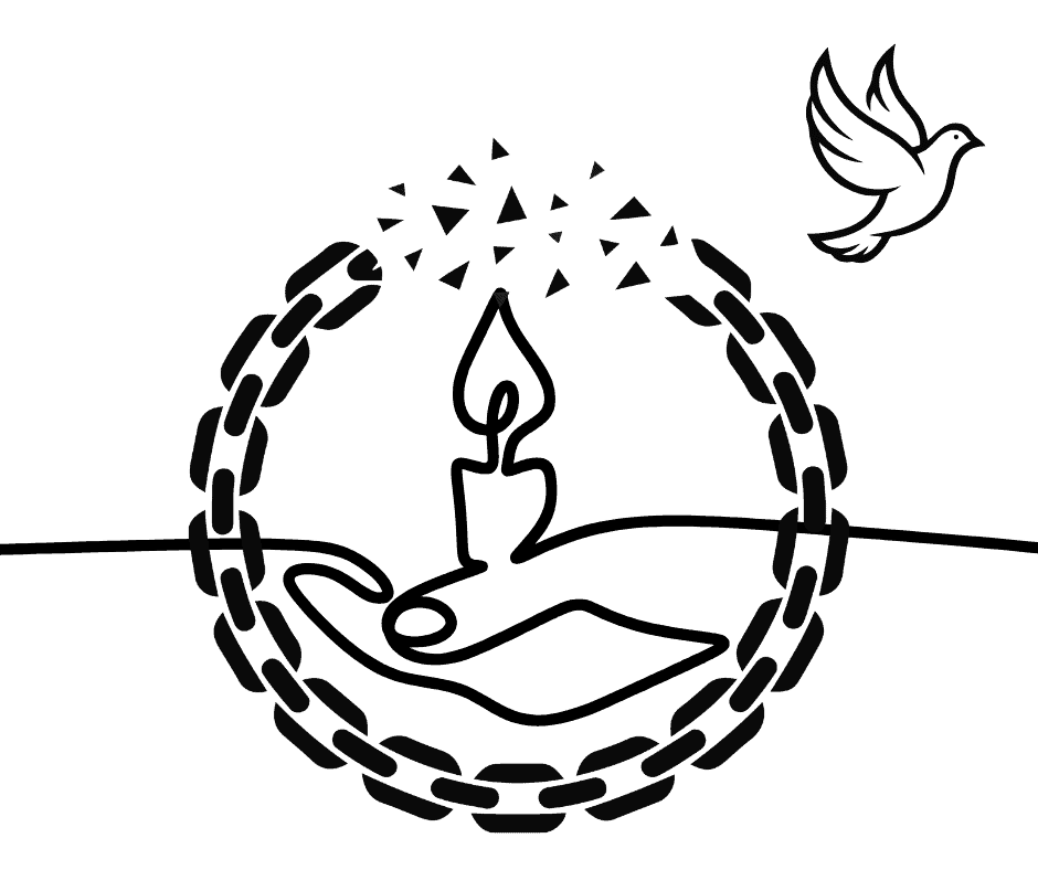 Line drawing of a hand holding a candle sits inside a chain. The candle flame seems to have broken the chain and let free a dove.