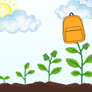 A backpack grows out of the ground in four stages.