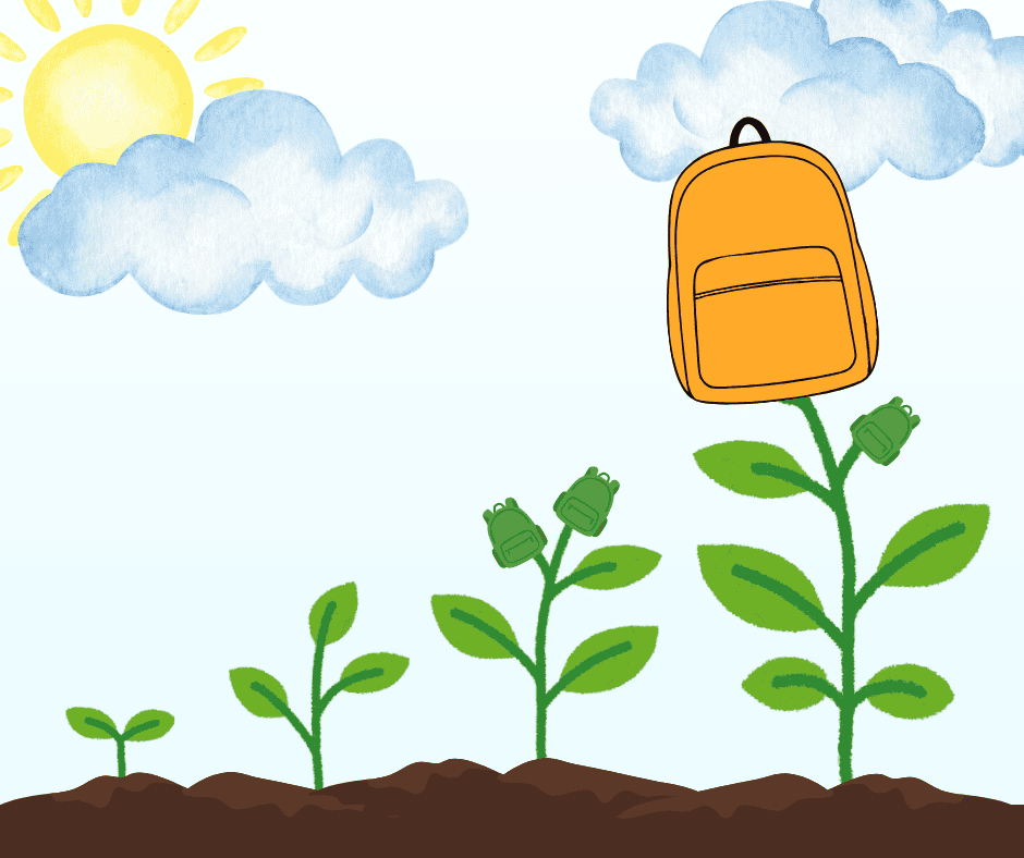 A backpack grows out of the ground in four stages.