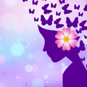 Butterflies burst out of the silhouette of a woman. The woman has a flower behind her ear.
