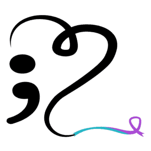 A semicolon forms one side of a heart. The tail of the heart lopes off into a suicide prevention ribbon.