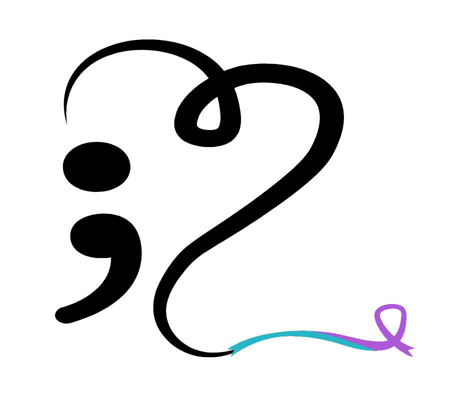 A semicolon forms one side of a heart. The tail of the heart lopes off into a suicide prevention ribbon.