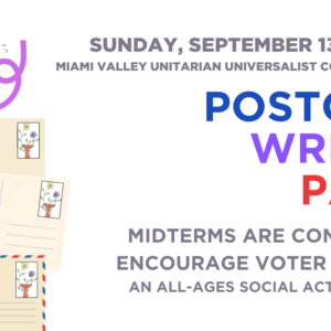 A flier for the Postcard Writing Party. It contains different illustrations of postcards with voting symbols on each. The postcards are being showered with red, blue, and purple confetti.