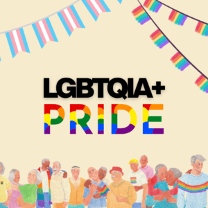 Crayon drawings of queer people is set against a background of pride flags.