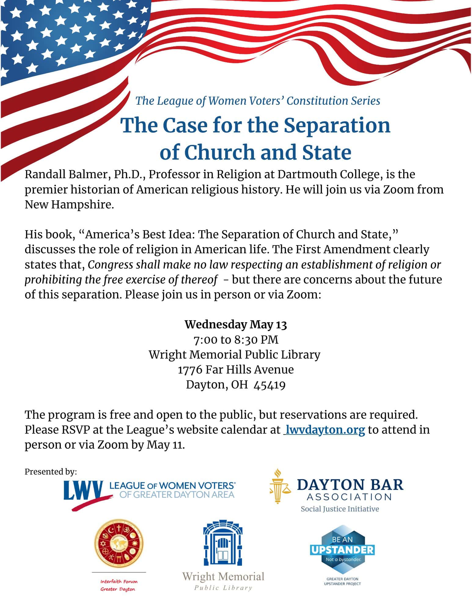 A flier for this event. It features a U.S. flag flying at the top of the page.