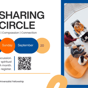 A flier for Small Group Sharing Circles. It contains many circles in blue, orange and beige. it also contains a picture of people meeting in a circle.
