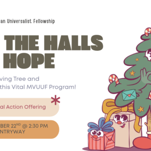 Two presents, and a cartoonish tree holding decorations and envelopes, smile at the viewer.