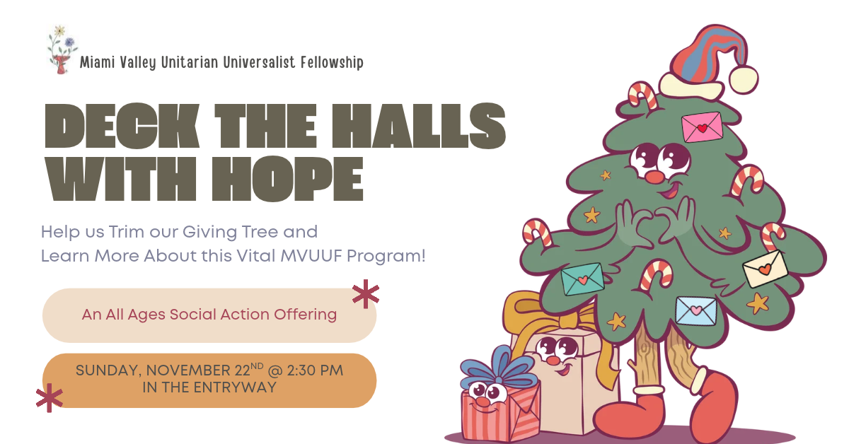 Two presents, and a cartoonish tree holding decorations and envelopes, smile at the viewer.