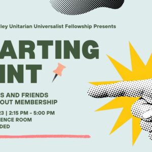 A flyer for Starting Point. It contains forest green text set on a light blue background. A hand points to the words "Starting Point."