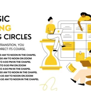 A flier for Strategic Planning Listening Circles. A group of 4 cartoon people gather around a large calendar making plans.
