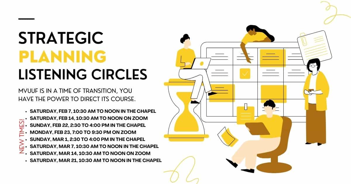 A flier for Strategic Planning Listening Circles. A group of 4 cartoon people gather around a large calendar making plans.