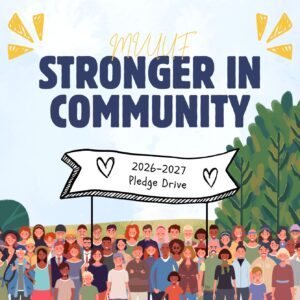 An illustration. A diverse crowd gathers outside on a sunny day. They hold a banner that says "