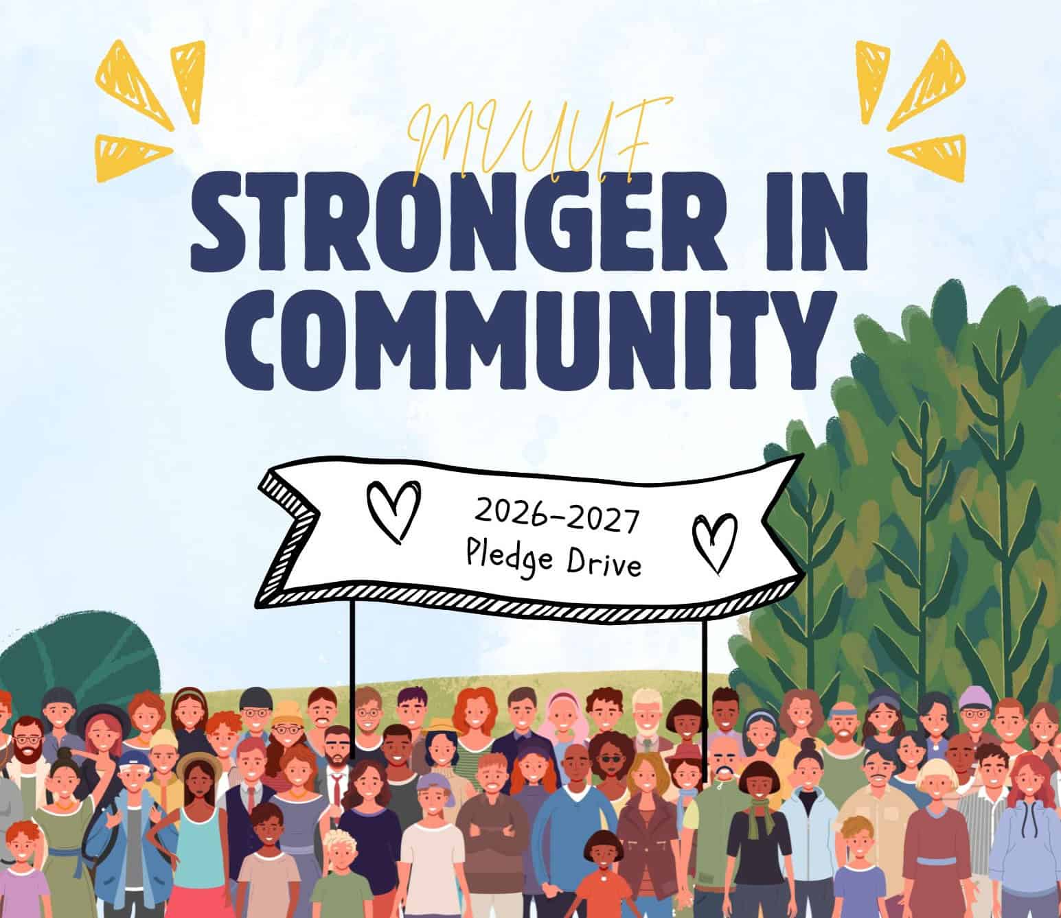 An illustration. A diverse crowd gathers outside on a sunny day. They hold a banner that says "