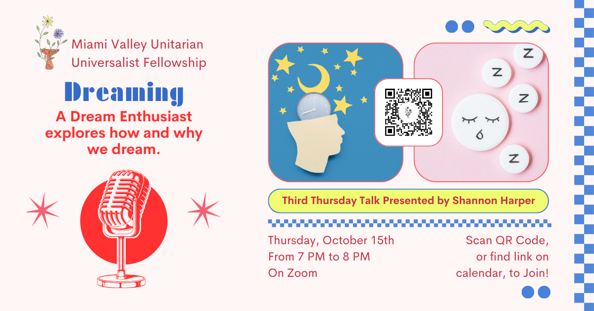 A flier for a Third Thursday Talk on Dreaming. It features one picture of a head, surrounded by the moon and stars, and another picture of the sleeping emoji surrounded by z's.