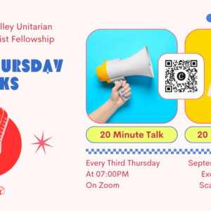 Third Thursday Talk Flier. It contains all the information in the listing. It has graphics of a microphone, a bullhorn, and a question mark written on a post-it.