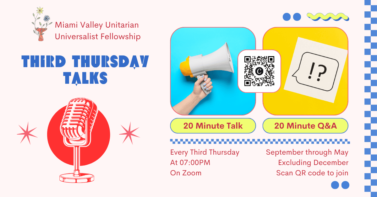 Third Thursday Talk Flier. It contains all the information in the listing. It has graphics of a microphone, a bullhorn, and a question mark written on a post-it.