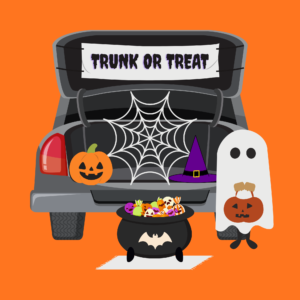 An illustration of a black car trunk, decorated with Halloween ragalia.