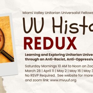 A flier for UU History Redux. It features a polaroid of a magnifying glass, highlighting the word history, against a background of old papers.