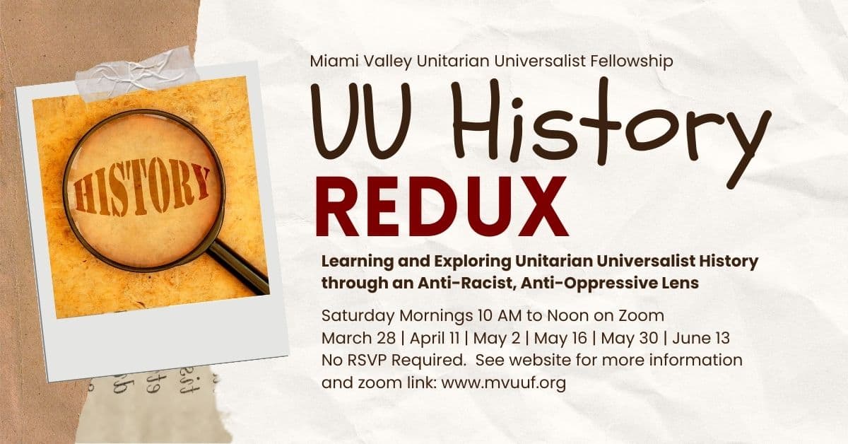 A flier for UU History Redux. It features a polaroid of a magnifying glass, highlighting the word history, against a background of old papers.